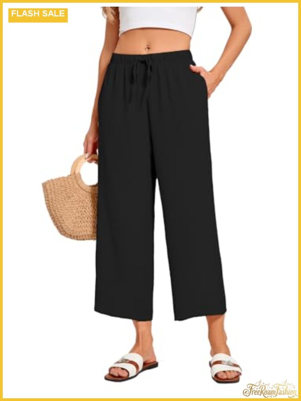 Wide Leg Cropped Pants Low Rise Palazzo 95% Polyester 5% Spandex Summer